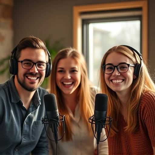 Un gruppo di clienti sorridenti che celebrano il successo del loro podcast