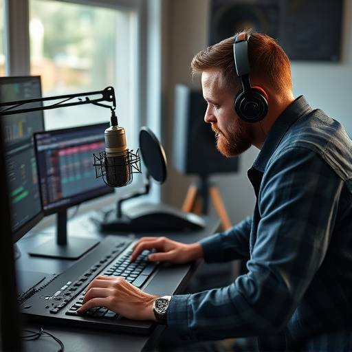 Un tecnico audio che lavora all'editing di un podcast su un software professionale